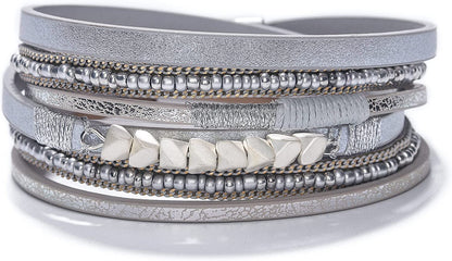 Fesciory Leather Wrap Bracelet for Women, Leopard Multi-Layer Magnetic Buckle Cuff Bracelet Jewelry Apparel & Accessories > Jewelry > Bracelets Fesciory B36-Seed Bead(Silver)  