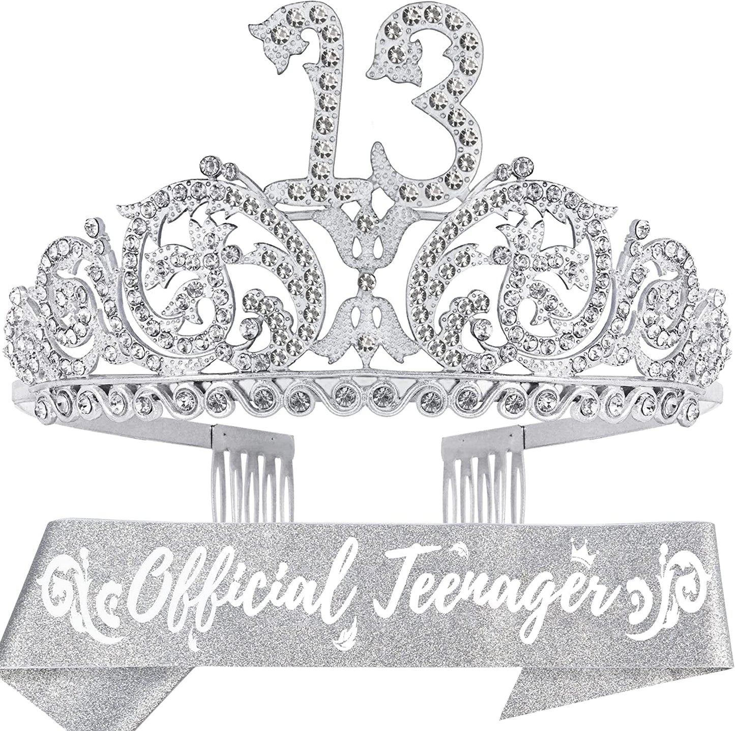 13Th Birthday Sash and Tiara for Girls - Fabulous Set: Glitter Sash + Forest Rhinestone Silver Premium Metal Tiara, 13Th Birthday Gifts for Teenegers Party Apparel & Accessories > Clothing Accessories > Sashes DORADREAMDEKO   