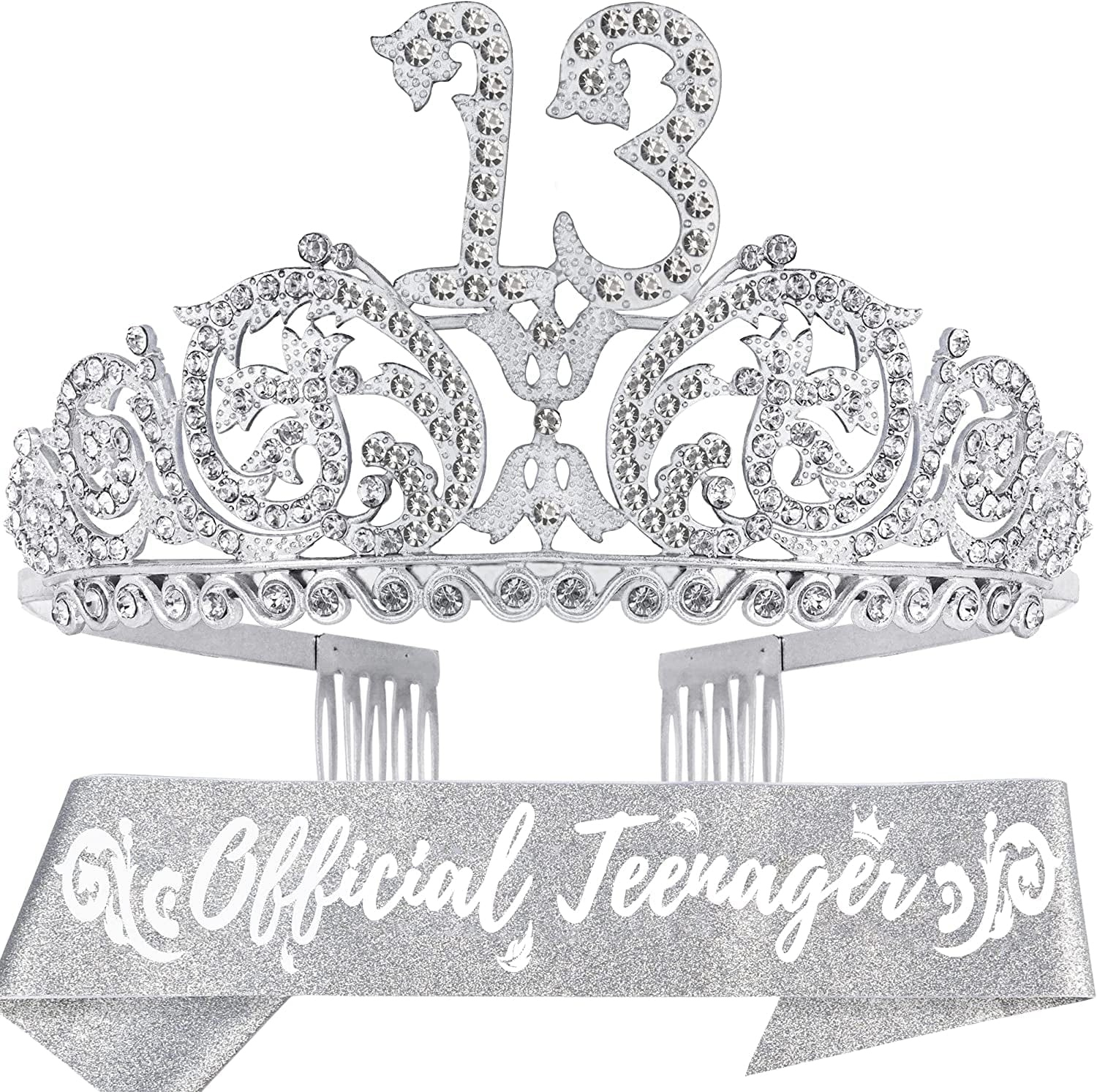 13Th Birthday Sash and Tiara for Girls - Fabulous Set: Glitter Sash + Forest Rhinestone Silver Premium Metal Tiara, 13Th Birthday Gifts for Teenegers Party Apparel & Accessories > Clothing Accessories > Sashes DORADREAMDEKO   