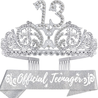 13Th Birthday Sash and Tiara for Girls - Fabulous Set: Glitter Sash + Forest Rhinestone Silver Premium Metal Tiara, 13Th Birthday Gifts for Teenegers Party Apparel & Accessories > Clothing Accessories > Sashes DORADREAMDEKO   