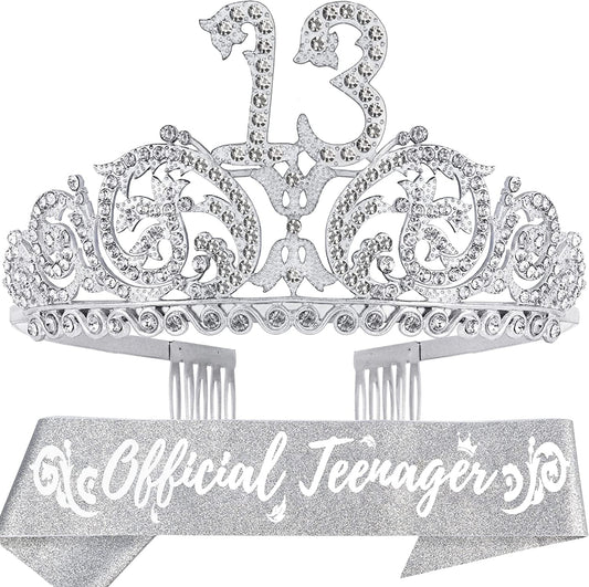 13Th Birthday Sash and Tiara for Girls - Fabulous Set: Glitter Sash + Forest Rhinestone Silver Premium Metal Tiara, 13Th Birthday Gifts for Teenegers Party Apparel & Accessories > Clothing Accessories > Sashes DORADREAMDEKO   