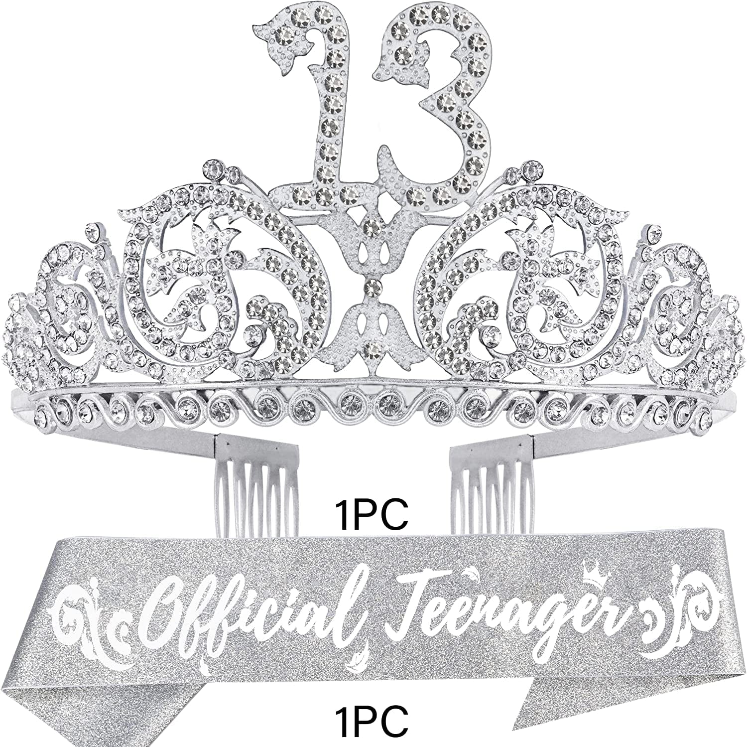 13Th Birthday Sash and Tiara for Girls - Fabulous Set: Glitter Sash + Forest Rhinestone Silver Premium Metal Tiara, 13Th Birthday Gifts for Teenegers Party Apparel & Accessories > Clothing Accessories > Sashes DORADREAMDEKO   