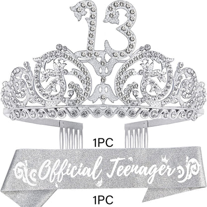 13Th Birthday Sash and Tiara for Girls - Fabulous Set: Glitter Sash + Forest Rhinestone Silver Premium Metal Tiara, 13Th Birthday Gifts for Teenegers Party Apparel & Accessories > Clothing Accessories > Sashes DORADREAMDEKO   