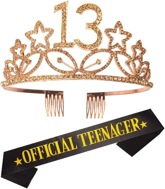 13Th Birthday Sash and Tiara for Girls - Fabulous Set: Glitter Sash + Stars Rhinestone Gold Premium Metal Tiara, 13Th Birthday Gifts for Teenegers Party Apparel & Accessories > Clothing Accessories > Sashes MEANT2TOBE Gold  