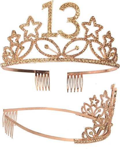 13Th Birthday Sash and Tiara for Girls - Fabulous Set: Glitter Sash + Stars Rhinestone Gold Premium Metal Tiara, 13Th Birthday Gifts for Teenegers Party Apparel & Accessories > Clothing Accessories > Sashes MEANT2TOBE   