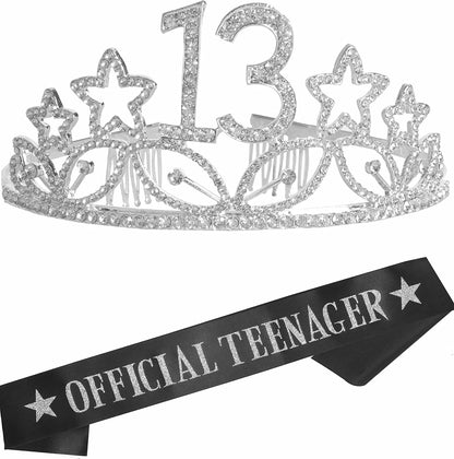 13Th Birthday Sash and Tiara for Girls - Fabulous Set: Glitter Sash + Stars Rhinestone Gold Premium Metal Tiara, 13Th Birthday Gifts for Teenegers Party Apparel & Accessories > Clothing Accessories > Sashes MEANT2TOBE Silver  