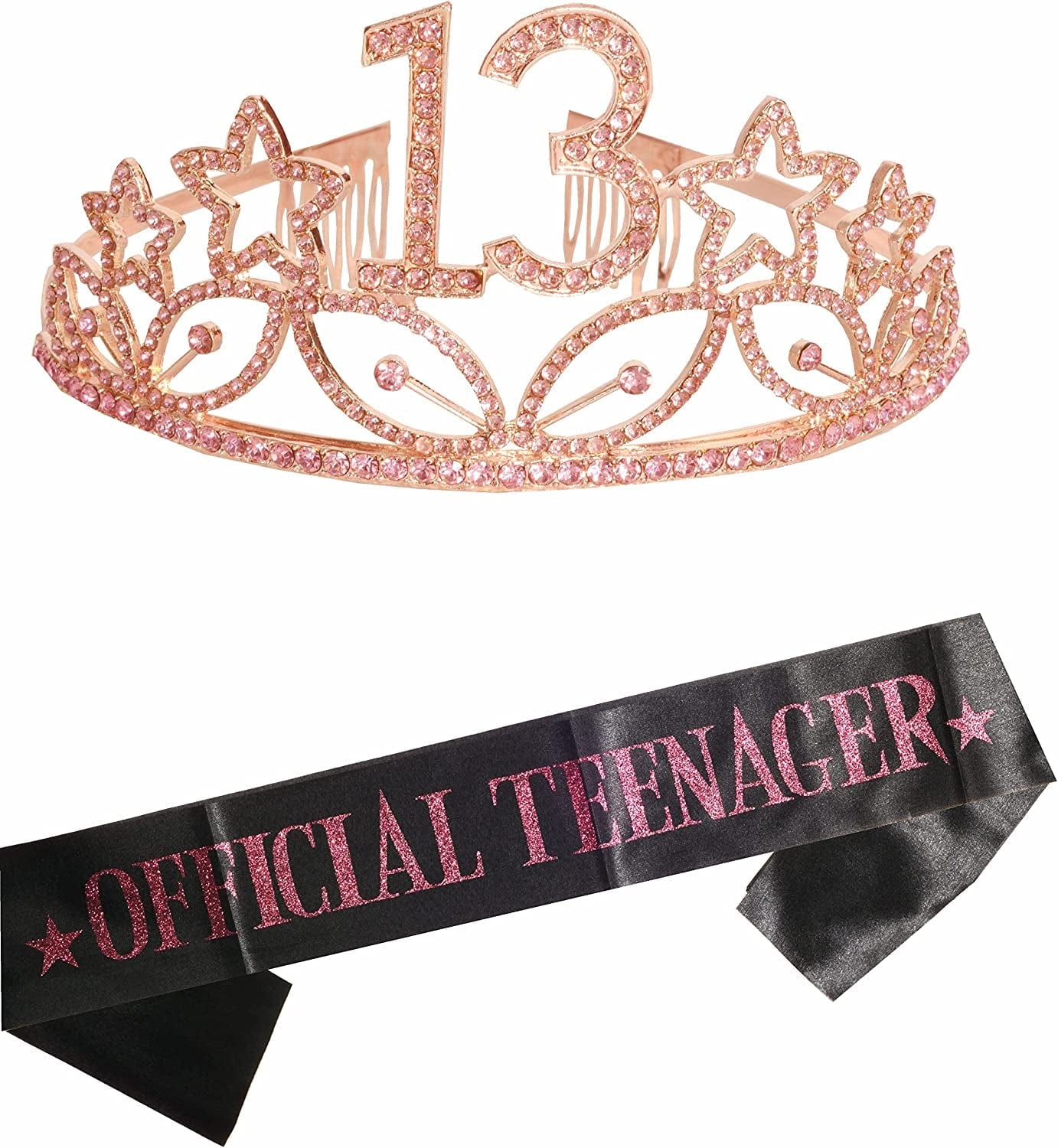 13Th Birthday Sash and Tiara for Girls - Fabulous Set: Glitter Sash + Stars Rhinestone Gold Premium Metal Tiara, 13Th Birthday Gifts for Teenegers Party Apparel & Accessories > Clothing Accessories > Sashes MEANT2TOBE Rose Gold  
