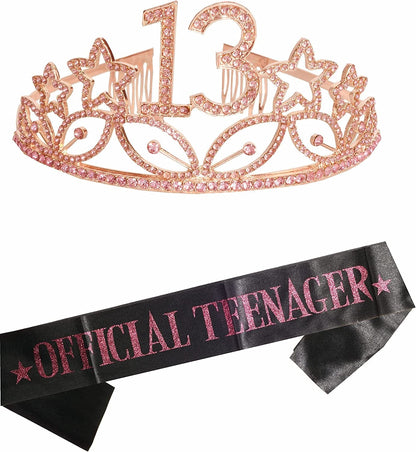 13Th Birthday Sash and Tiara for Girls - Fabulous Set: Glitter Sash + Stars Rhinestone Gold Premium Metal Tiara, 13Th Birthday Gifts for Teenegers Party Apparel & Accessories > Clothing Accessories > Sashes MEANT2TOBE Rose Gold  