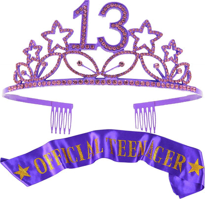 13Th Birthday Sash and Tiara for Girls - Fabulous Set: Glitter Sash + Stars Rhinestone Gold Premium Metal Tiara, 13Th Birthday Gifts for Teenegers Party Apparel & Accessories > Clothing Accessories > Sashes MEANT2TOBE Purple  
