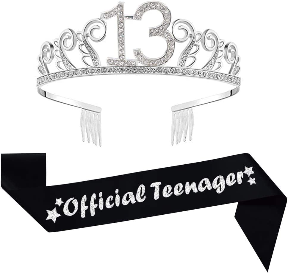13Th Birthday Silver Tiara and Black Sash Glitter Satin Sash and Crystal Rhinestone Tiara Crown for Happy 13Th Birthday Party Supplies Favors Decorations 13Th Birthday Party Accessories Apparel & Accessories > Clothing Accessories > Sashes Mayin   