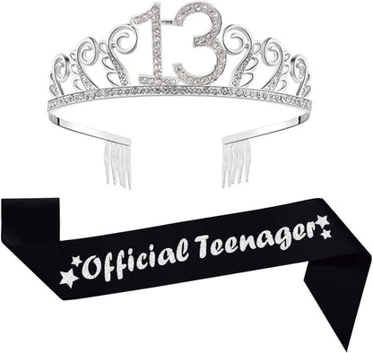 13Th Birthday Silver Tiara and Black Sash Glitter Satin Sash and Crystal Rhinestone Tiara Crown for Happy 13Th Birthday Party Supplies Favors Decorations 13Th Birthday Party Accessories Apparel & Accessories > Clothing Accessories > Sashes Mayin   