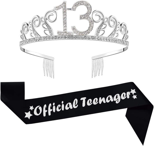 13Th Birthday Silver Tiara and Black Sash Glitter Satin Sash and Crystal Rhinestone Tiara Crown for Happy 13Th Birthday Party Supplies Favors Decorations 13Th Birthday Party Accessories Apparel & Accessories > Clothing Accessories > Sashes Mayin   