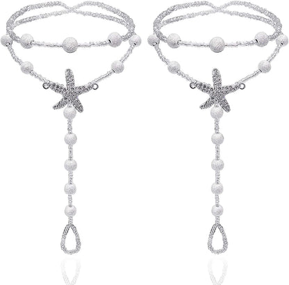 Bellady 2Pcs Pearl Ankle Chain Barefoot Sandals with Starfish Beach Wedding Foot Jewelry Apparel & Accessories > Jewelry > Anklets Bellady Silver_style 1  