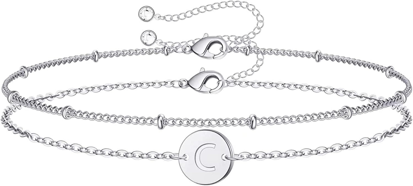 Silver Initial Bracelets for Women Teen Girls, 14K White Gold Filled Layered Letter Initial Bracelet Dainty Disc Initial Charm Bracelets Silver Bracelets for Women Girls Jewelry Gifts for Girls Apparel & Accessories > Jewelry > Bracelets MONOZO C  