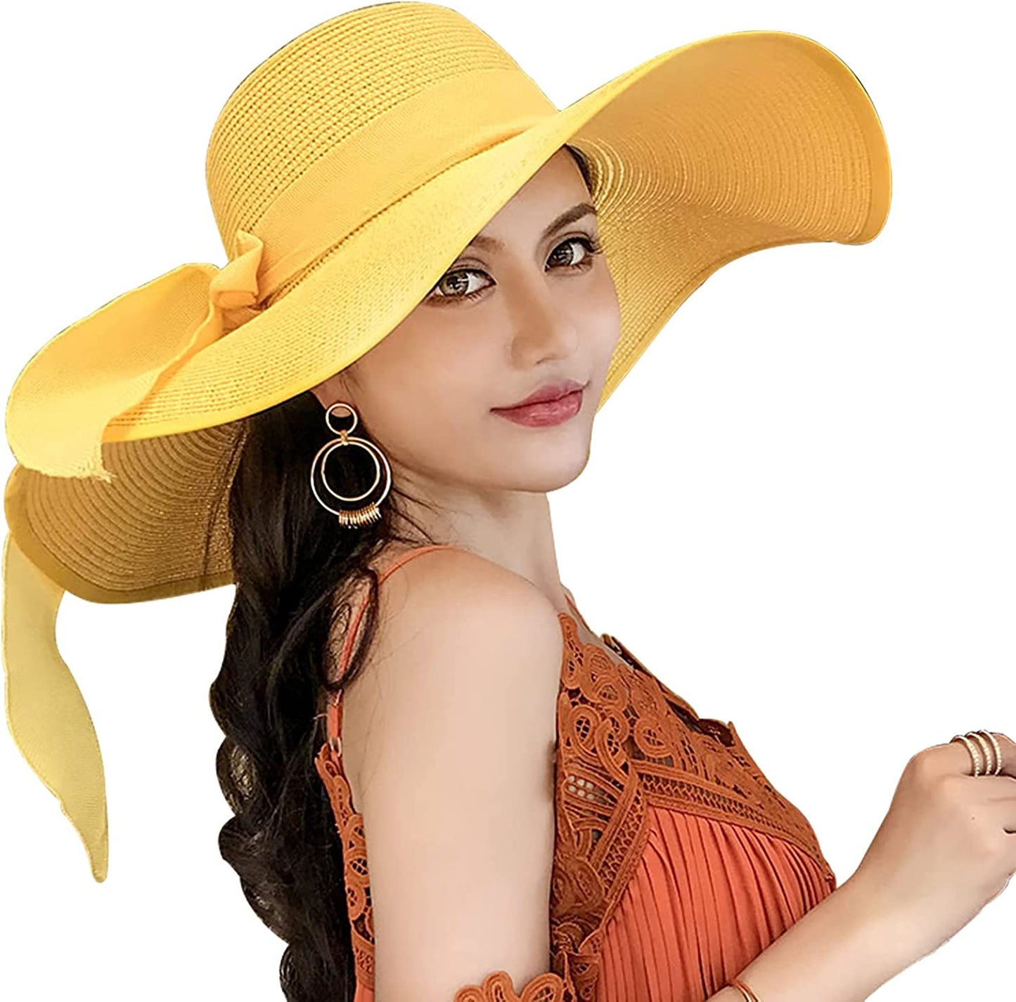 Women'S Folable Floppy Hat,Wide Brim Sun Protection Straw Hat, Summer UV Protection Beach Cap Apparel & Accessories > Clothing Accessories > Hats FSIGOM C1-f-yellow  