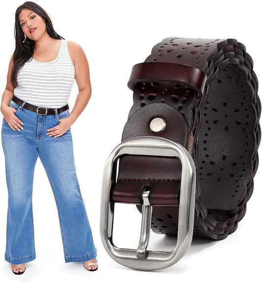 JASGOOD Women'S plus Size Belt, Hollow Flower Leather Belt for Jeans Pants Wide Belt with Metal Buckle Apparel & Accessories > Clothing Accessories > Belts KYLIE MAX A-dark Brown Suitable for pant size 43-49" 