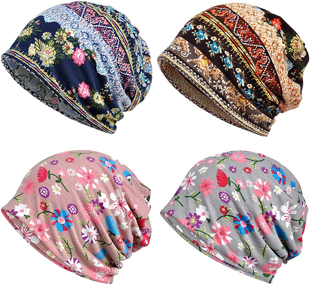 Glamorstar Floral Lace Beanie Hat Chemo Cap Stretch Slouchy Turban Headwear Apparel & Accessories > Clothing Accessories > Headwear Glamorstar 4 Packs-blue,coffee,pink,grey One Size 