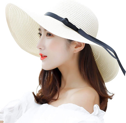 Muryobao Womens Wide Brim Straw Sun Hat Floppy Foldable Roll up Cap UPF 50+ Summer Beach Hats Apparel & Accessories > Clothing Accessories > Hats Muryobao White  