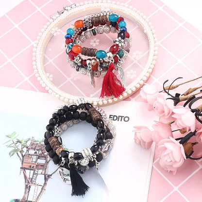 LOYALLOOK 8 Sets Bohemian Stretch Wood Beaded Bracelets for Women Boho Tassel Bracelet Set Bead Strand Bangle Charm Multilayer Stackable Bracelets Apparel & Accessories > Jewelry > Bracelets LOYALLOOK   