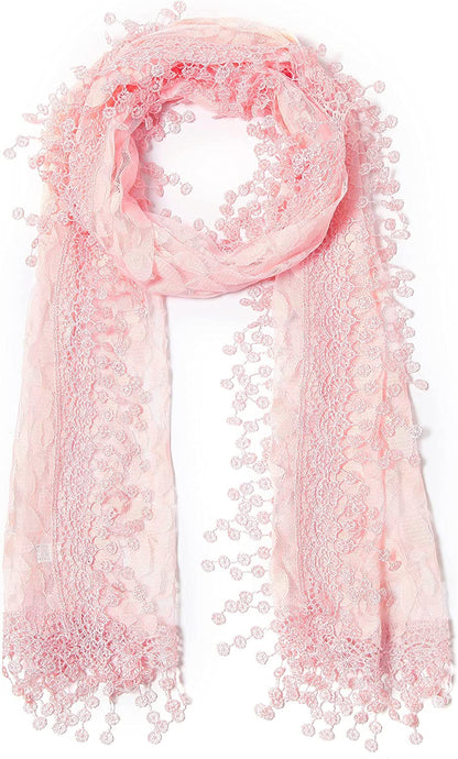 Cindy and Wendy Lightweight Soft Leaf Lace Fringes Scarf Shawl for Women Apparel & Accessories > Clothing Accessories > Scarves & Shawls Cindy and Wendy Peach Pink  