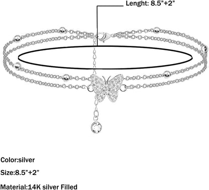 14K Butterfly Silver Anklets for Women - Adjustable Layered Women'S Anklets - Jewelry Anklet Gifts for Women Teen Girls Apparel & Accessories > Jewelry > Anklets TENGYUE   