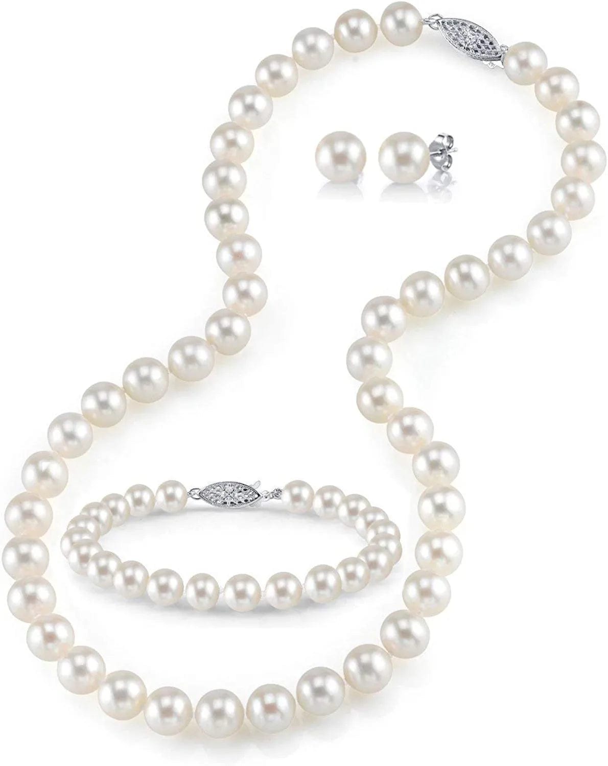 14K Gold Pearl Jewelry Set for Women - Freshwater Pearl Necklace and Earring Set with Pearl Bracelet | Genuine Cultured Pearls - the PEARL SOURCE 8.0-9.0mm / White Gold