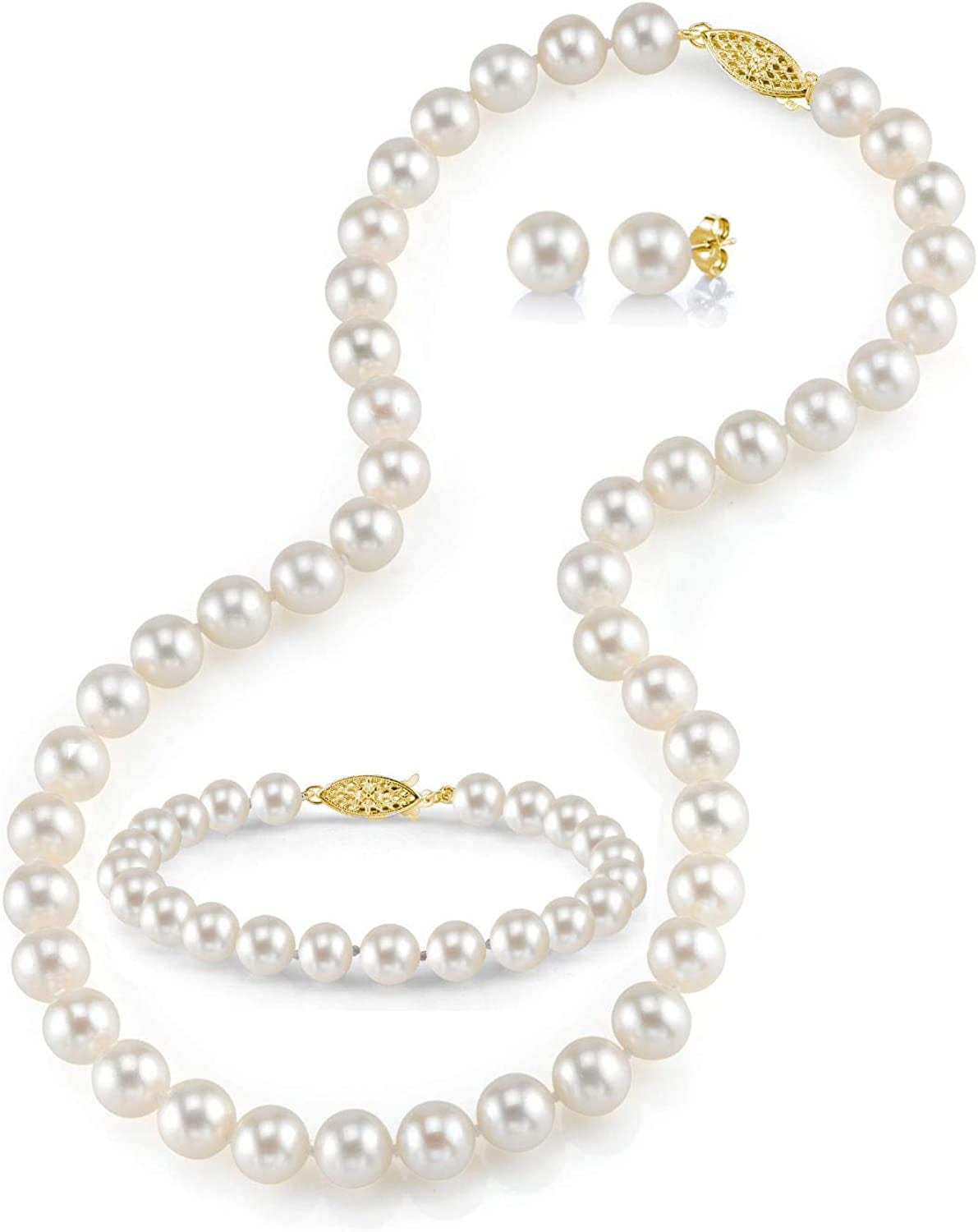 14K Gold Pearl Jewelry Set for Women - Freshwater Pearl Necklace and Earring Set with Pearl Bracelet | Genuine Cultured Pearls - the PEARL SOURCE 8.0-9.0mm / Yellow Gold