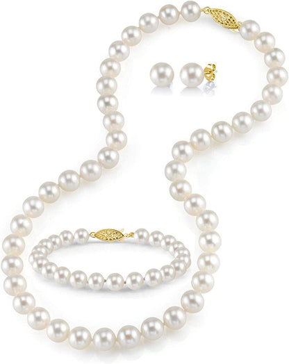 14K Gold Pearl Jewelry Set for Women - Freshwater Pearl Necklace and Earring Set with Pearl Bracelet | Genuine Cultured Pearls - the PEARL SOURCE 8.0-9.0mm / Yellow Gold