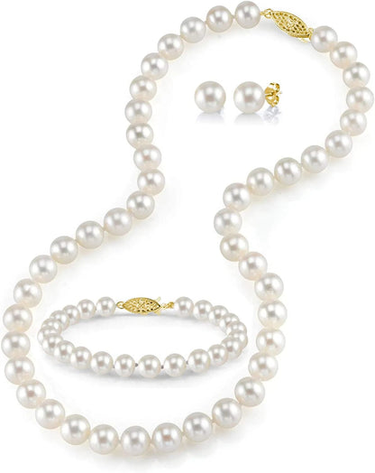 14K Gold Pearl Jewelry Set for Women - Freshwater Pearl Necklace and Earring Set with Pearl Bracelet | Genuine Cultured Pearls - the PEARL SOURCE 8.5-9.5mm / Yellow Gold