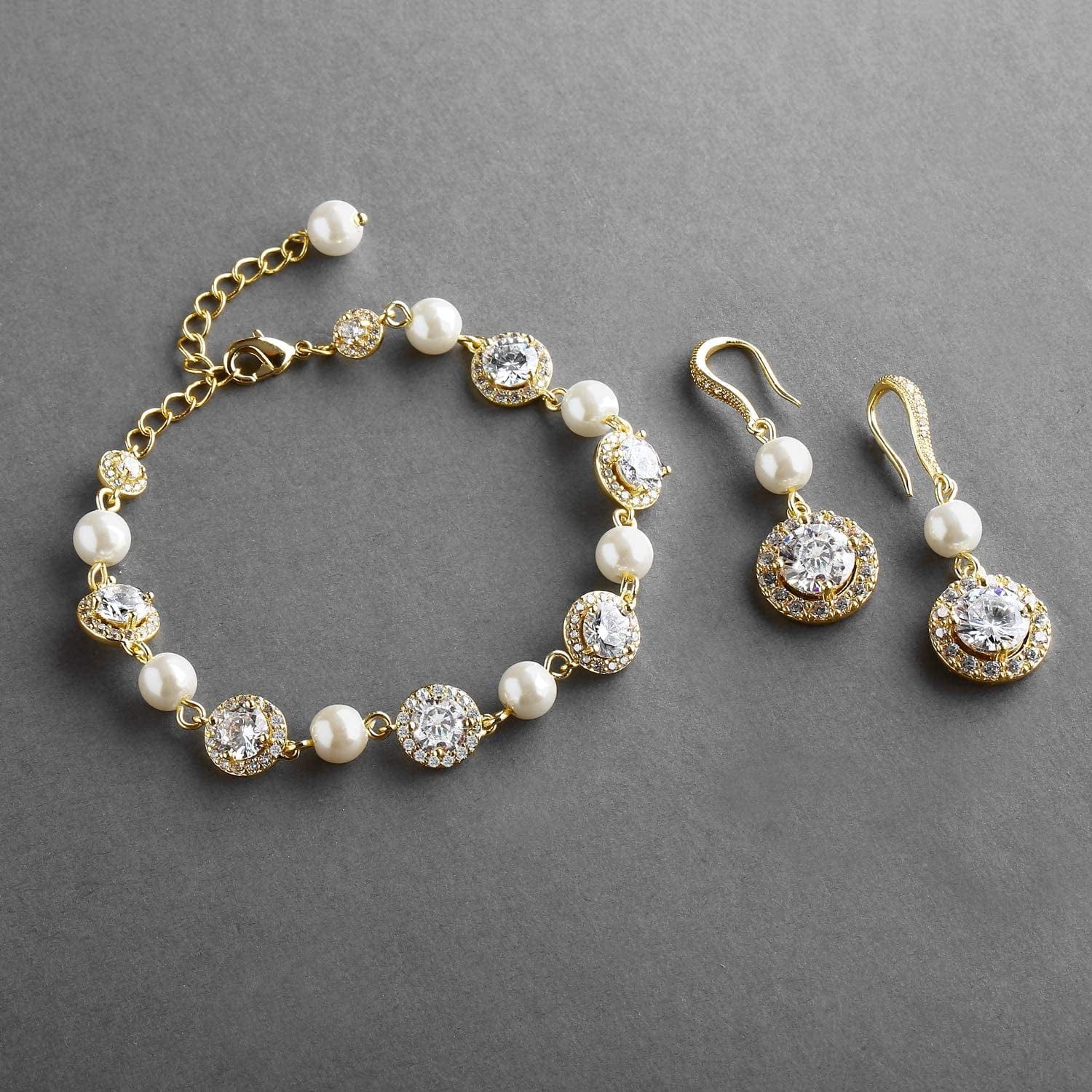 14K Gold & Pearl round CZ Bridal Bracelet & Earrings Set - Wedding Jewelry Sets for Bridesmaids