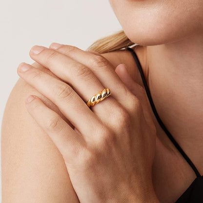 14K Gold Plated Croissant Dome Ring | Twisted Braided Gold Plated Ring | Chunky Signet Ring