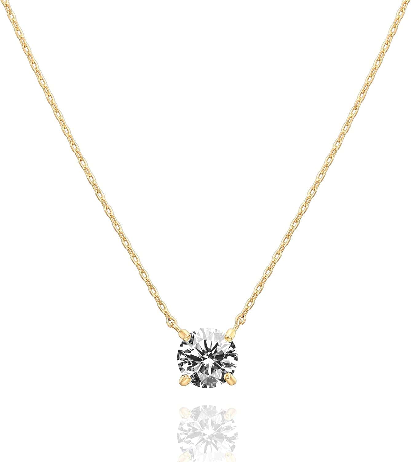 14K Gold Plated Crystal Solitaire 1.5 Carat (7.3Mm) CZ Dainty Choker Necklace | Gold Necklaces for Women Yellow / gold vermeil