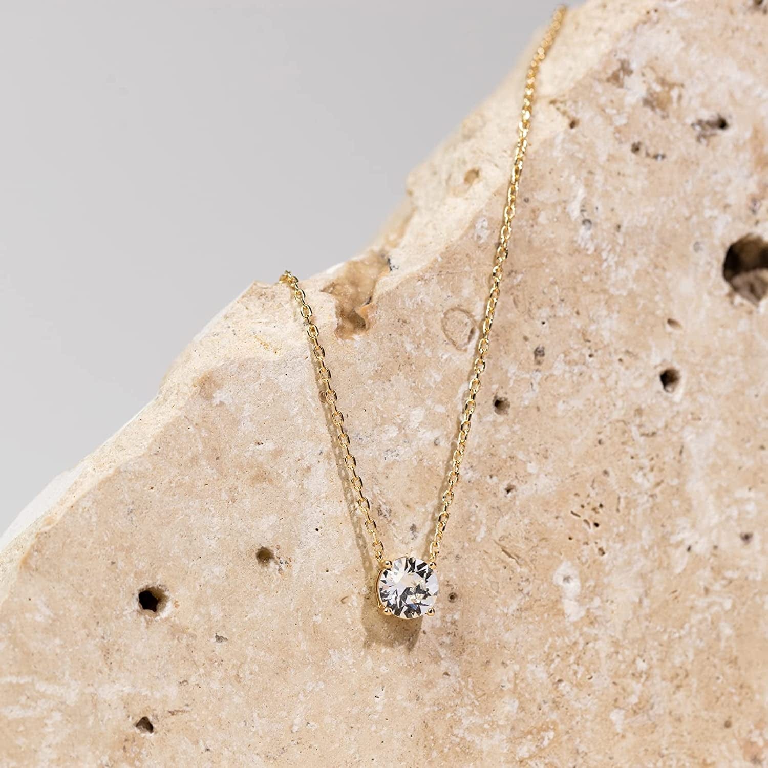 14K Gold Plated Crystal Solitaire 1.5 Carat (7.3Mm) CZ Dainty Choker Necklace | Gold Necklaces for Women