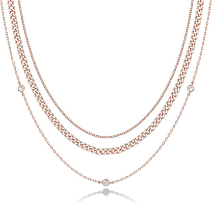 14K Gold Plated Dainty Layering Necklaces for Women | Snake Chain, Curb Link, Paperclip Layered Chains Diamond Station / Rose Gold