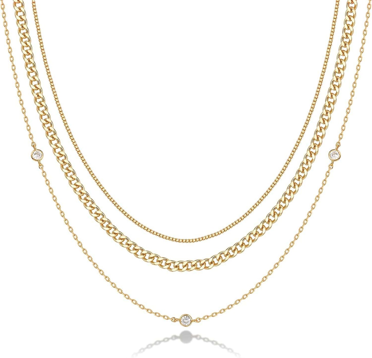 14K Gold Plated Dainty Layering Necklaces for Women | Snake Chain, Curb Link, Paperclip Layered Chains Diamond Station / Yellow Gold