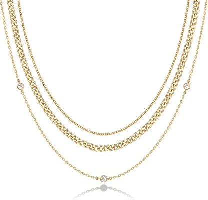 14K Gold Plated Dainty Layering Necklaces for Women | Snake Chain, Curb Link, Paperclip Layered Chains Diamond Station / Yellow Gold