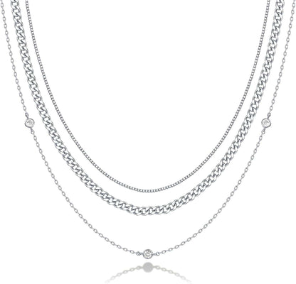 14K Gold Plated Dainty Layering Necklaces for Women | Snake Chain, Curb Link, Paperclip Layered Chains Diamond Station / White Gold