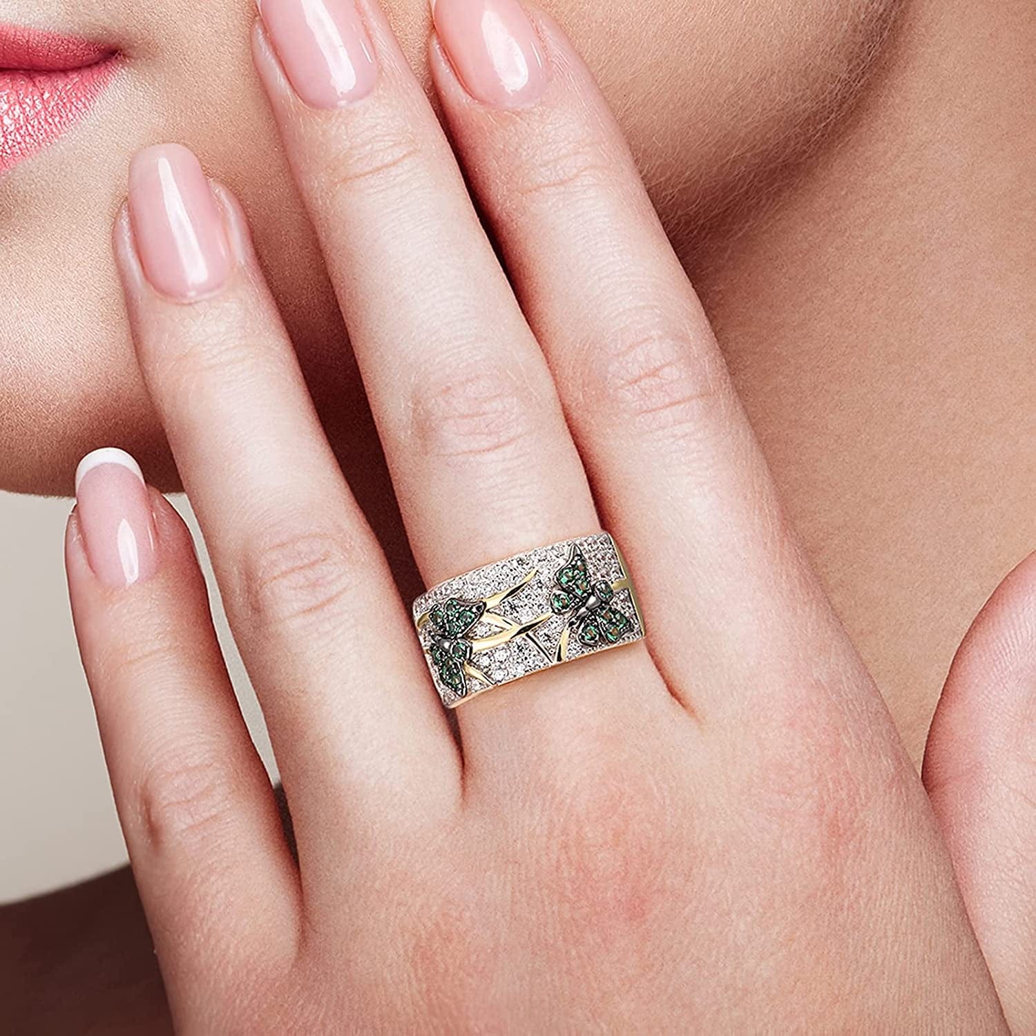 14K Gold Plated Dragonfly Ring Cubic Zirconia 925 Sterling Silver Butterfly Ring