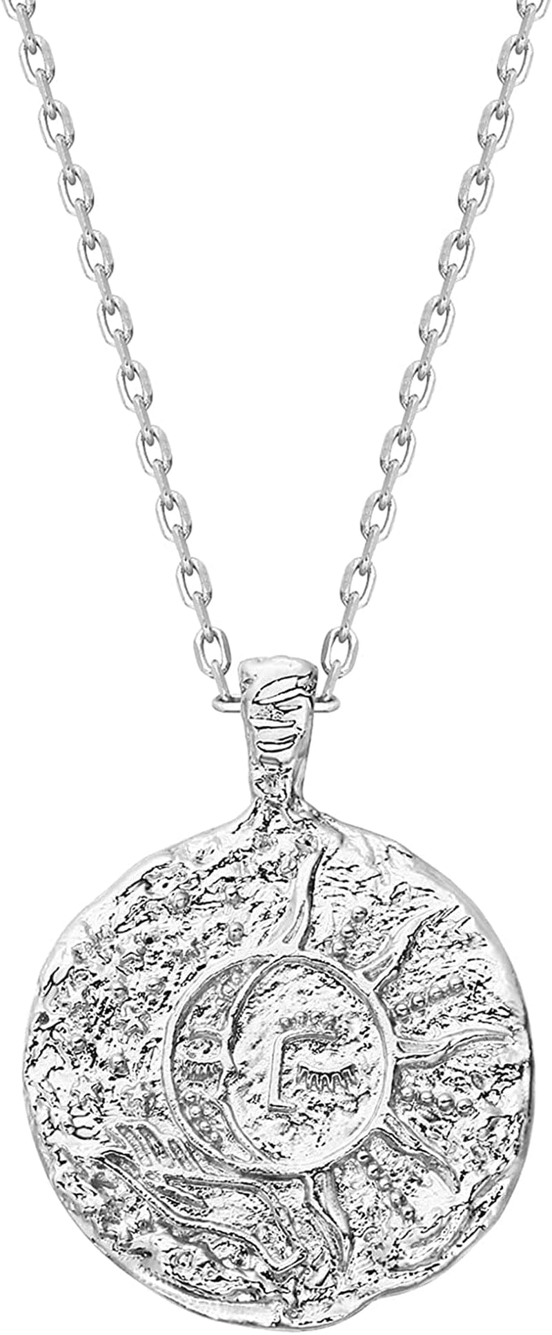 14K Gold Plated Engraved Coin Pendant | Byzantine Coin Necklace | Bohemian Necklace Moon / White Gold