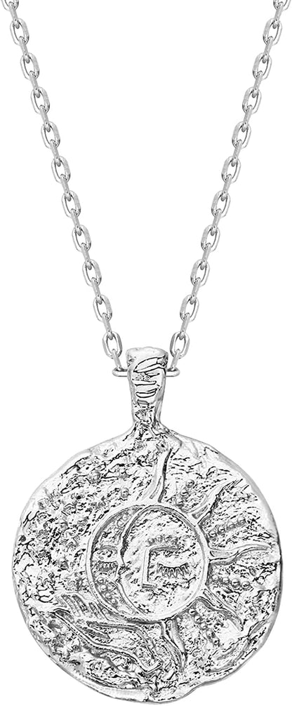 14K Gold Plated Engraved Coin Pendant | Byzantine Coin Necklace | Bohemian Necklace Moon / White Gold