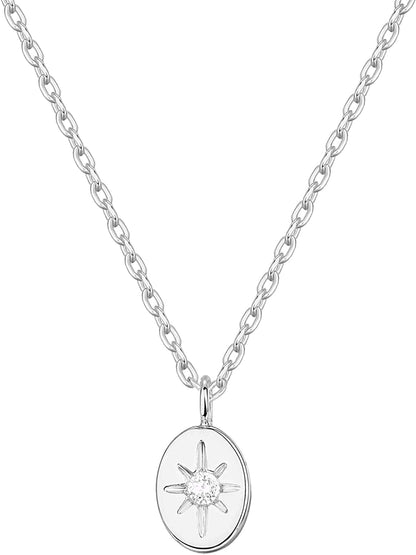 14K Gold Plated Engraved Coin Pendant | Byzantine Coin Necklace | Bohemian Necklace North Star / White Gold