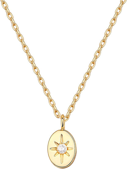 14K Gold Plated Engraved Coin Pendant | Byzantine Coin Necklace | Bohemian Necklace North Star / Yellow Gold