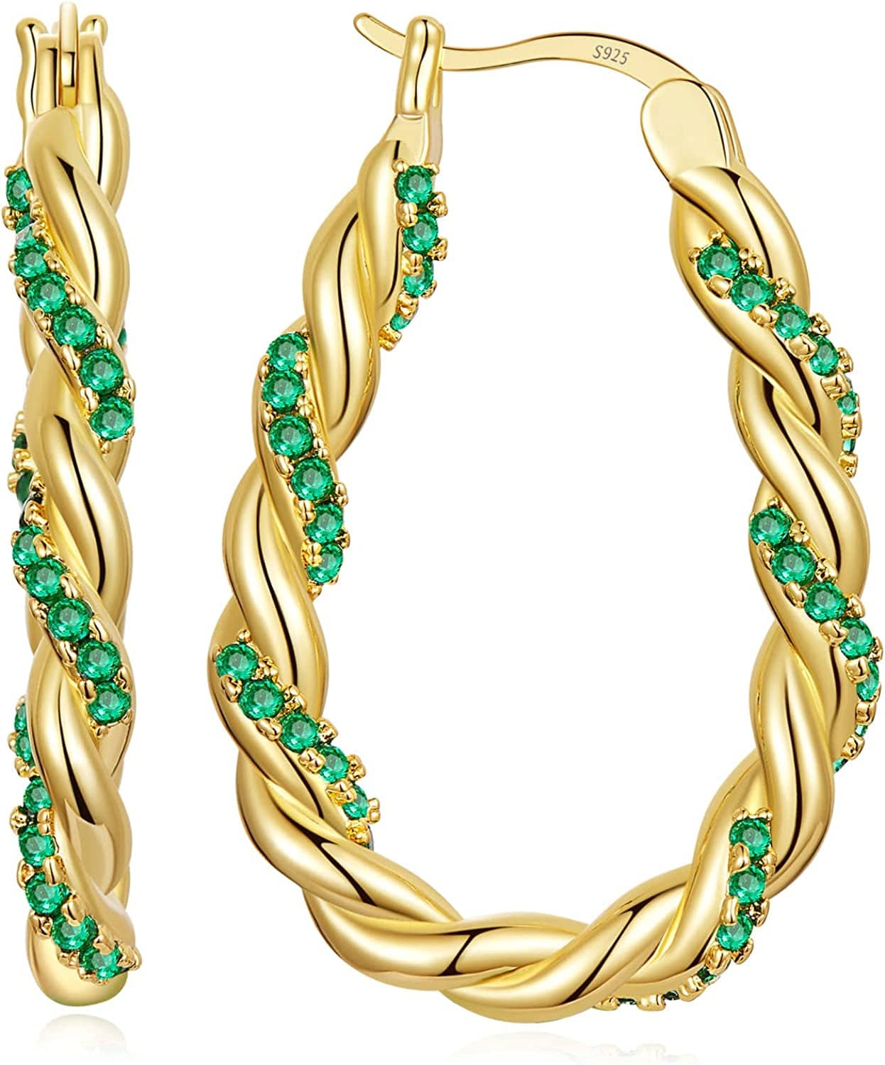 14K Gold Plated Oval Hoop Earrings for Women 925 Sterling Silver Post Twist Huggie Hoop Earrings Hypoallergenic Lightweight Hoop Earrings Jewelry Gifts Gold-Green CZ