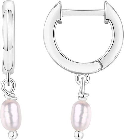 14K Gold Plated S925 Sterling Silver Post BOHO Drop Lightweight/Dangle Huggie Earrings for Women |Bohemian Dainty Earrings Pearl / White Gold