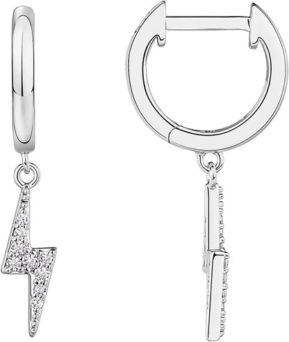 14K Gold Plated S925 Sterling Silver Post Lightweight Drop/Dangle Huggie Earrings for Women | Star, Lock, Butterfly, Moon, Lightning | Dainty Earrings Lightning / White Gold