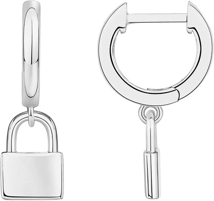 14K Gold Plated S925 Sterling Silver Post Lightweight Drop/Dangle Huggie Earrings for Women | Star, Lock, Butterfly, Moon, Lightning | Dainty Earrings Lock / White Gold