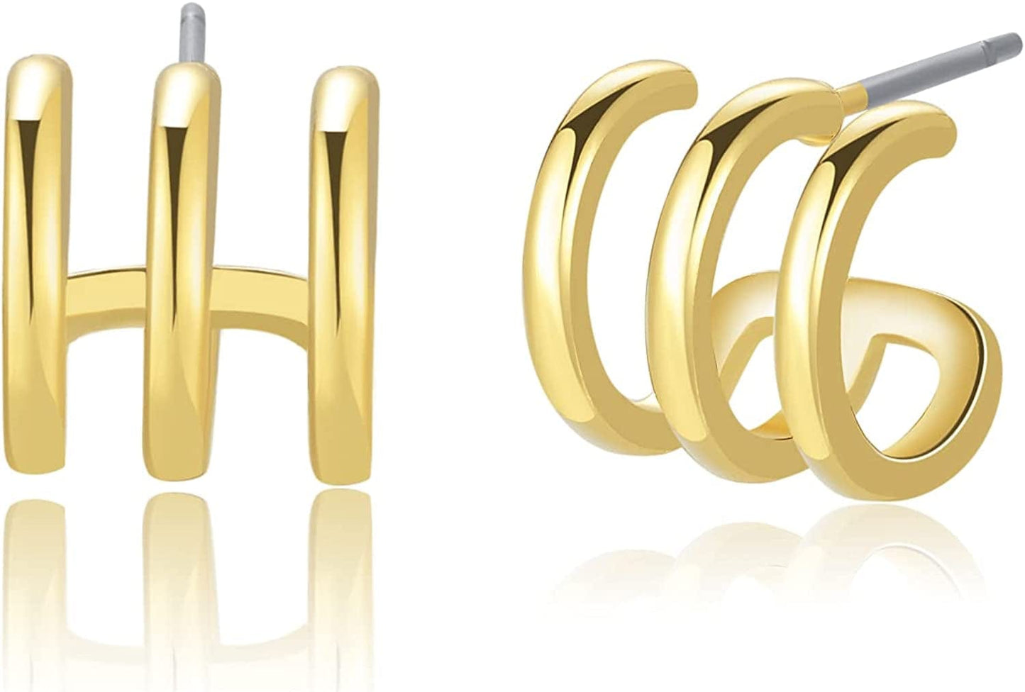 14K Gold Plated Triple Huggie Illusion Stud Earrings | Double Huggie Hoop Earrings for One Hole | Gold Hoop Earrings for Women Triple Huggies C