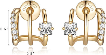 14K Gold Plated Triple Huggie Illusion Stud Earrings | Double Huggie Hoop Earrings for One Hole | Gold Hoop Earrings for Women
