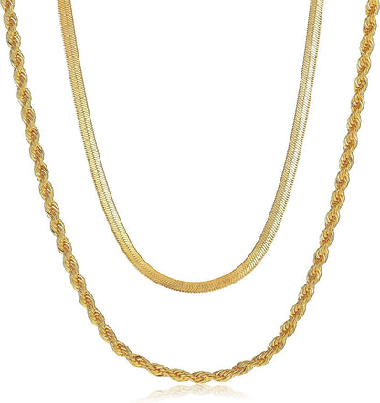 14K Gold/Silver Plated Snake Chain Necklace Herringbone Necklace Gold Choker Necklaces for Women Girl Gifts Jewelry 1.5/3/5MM(W) 14"/16"(L) layer 3mm&rope chain Gold