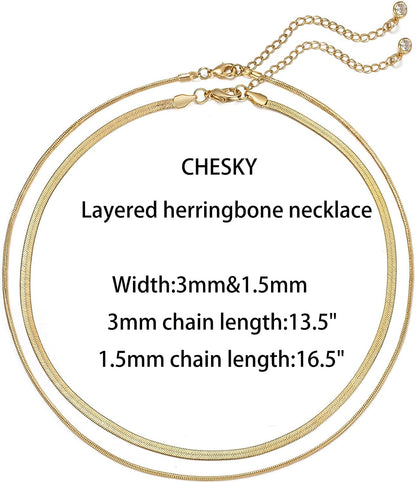14K Gold/Silver Plated Snake Chain Necklace Herringbone Necklace Gold Choker Necklaces for Women Girl Gifts Jewelry 1.5/3/5MM(W) 14"/16"(L)